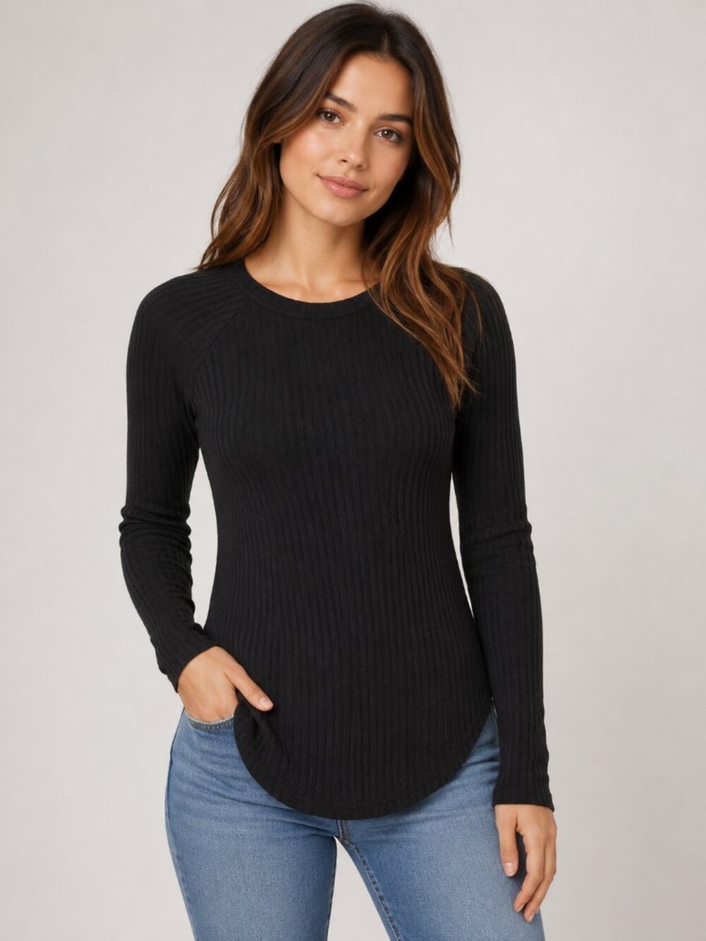 Chaser Black Thermal Knit Long Sleeve Top Small Scoop Neck